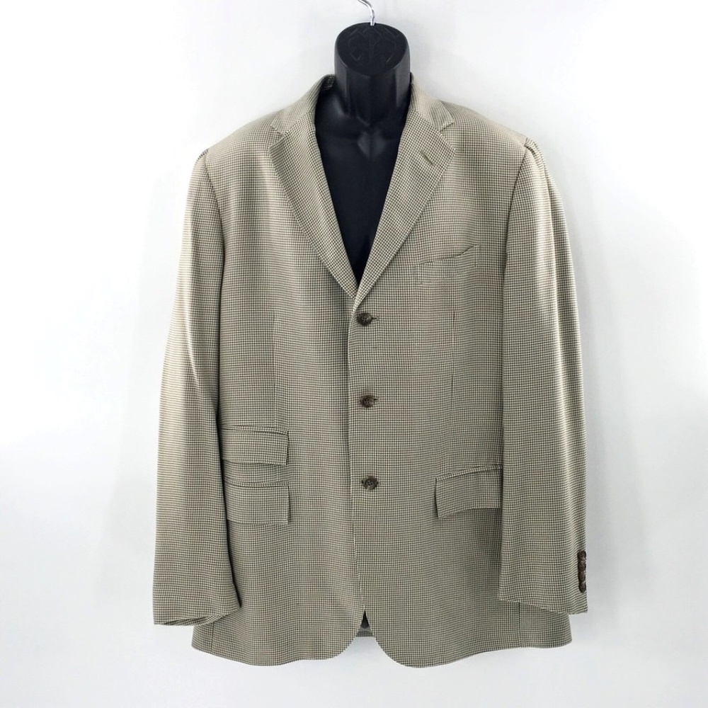Polo Ralph Lauren Mens Blazer Tan Silk 3 Button Check Made in Italy Sz 44 Long